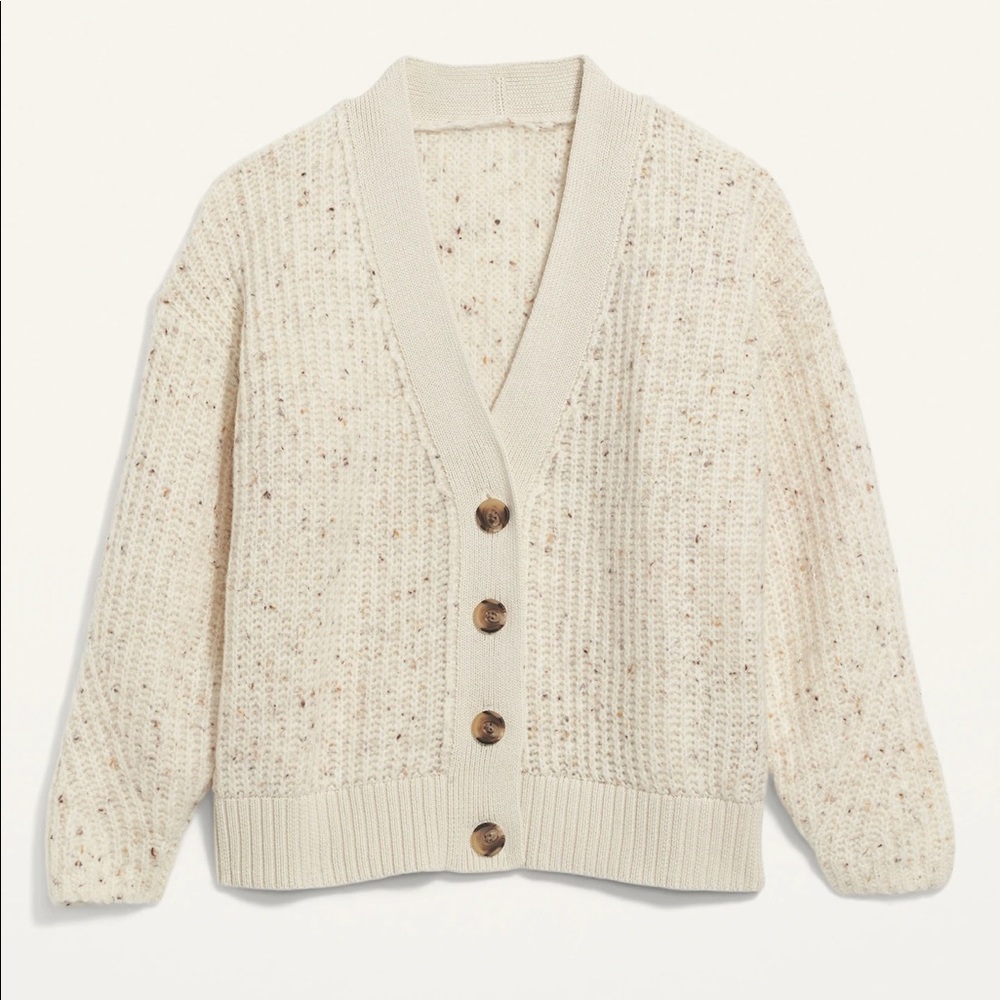 Shaker-Stitch Button-Front Speckled Cardigan